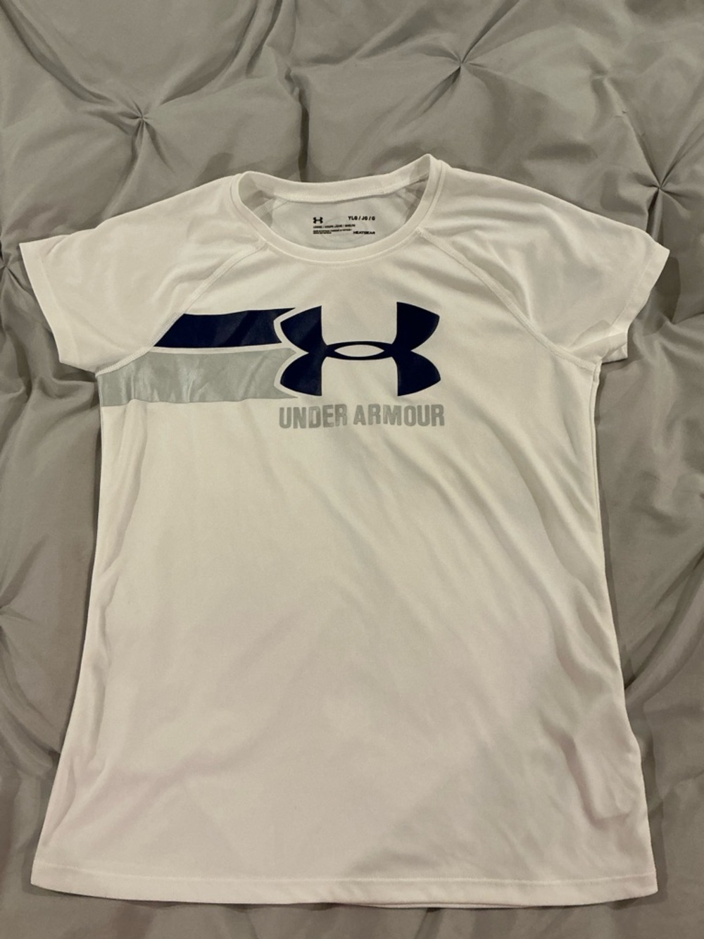 Youth Under Armour White Active Tee with Navy Logo - Size LG